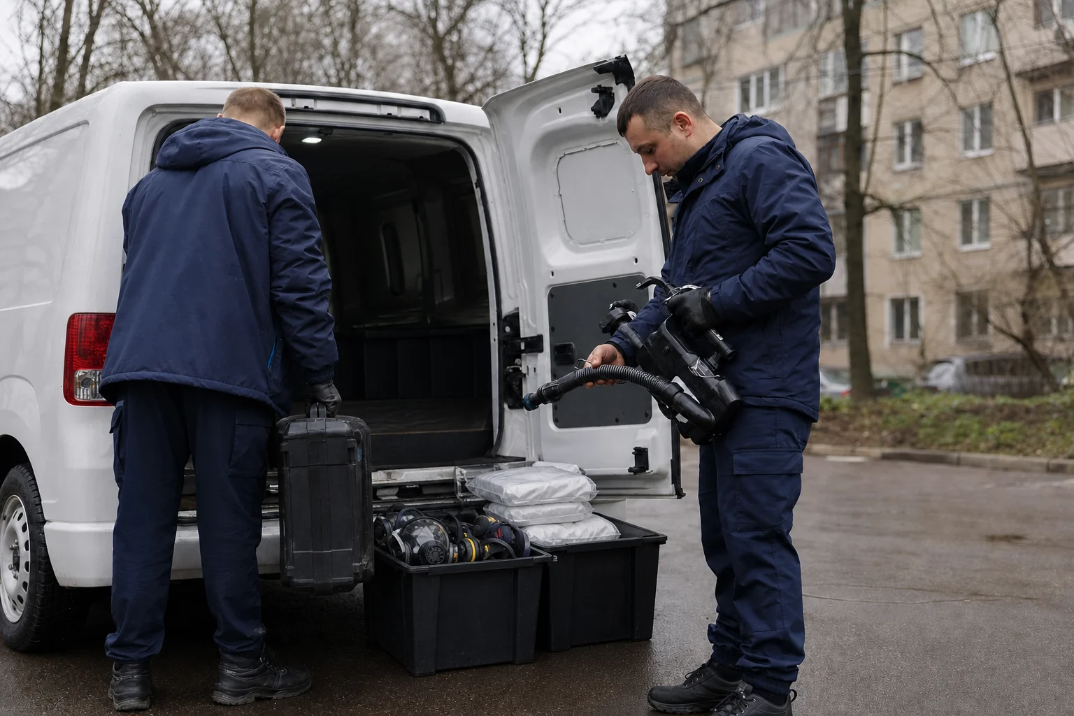 Два специалиста готовят оборудование и средства защиты перед выездом